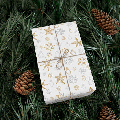 Snowflakes and Stars on White Wrapping Papers