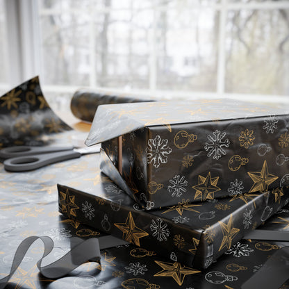 Snowflakes and Stars on Black Wrapping Paper