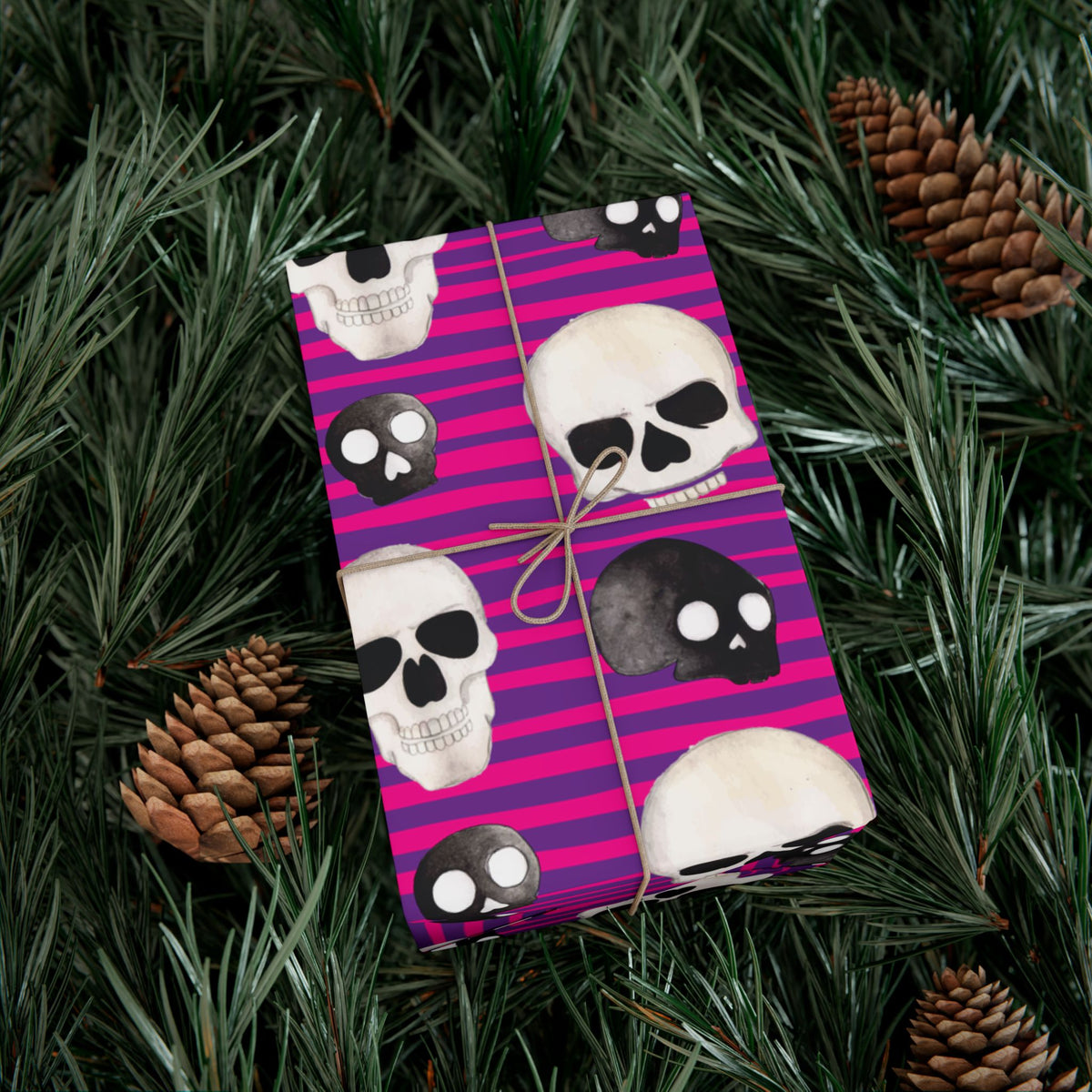 Skull Stripe Gift Wrap Paper — Pink Gothic Halloween Wrapping Sheets
