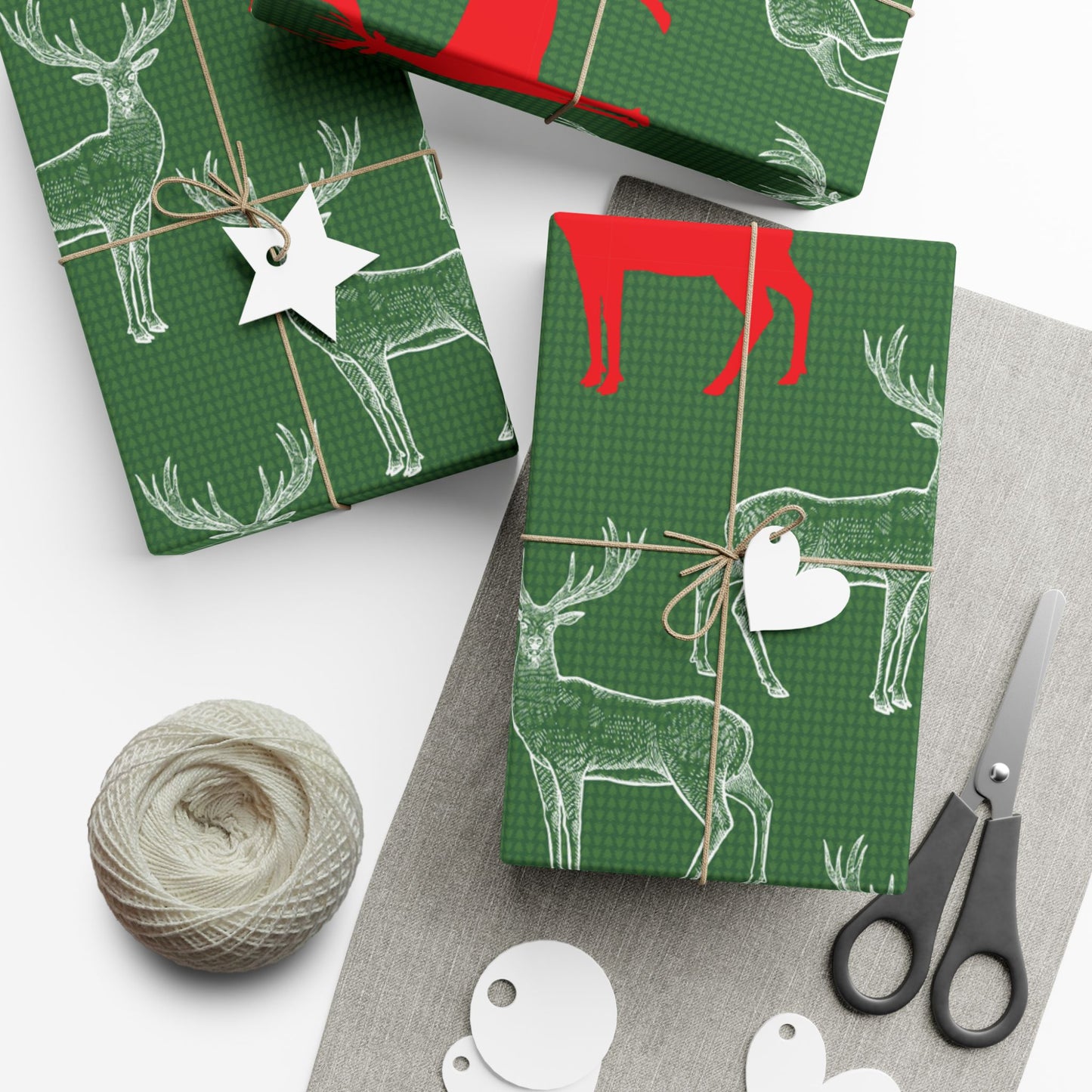 Modern Deer Silhouette Wrapping Paper - Red & White Deer on Green Gift Wrap