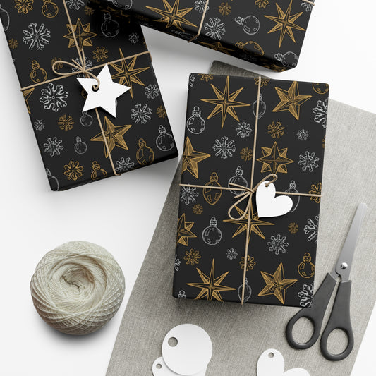 Snowflakes and Stars on Black Wrapping Paper