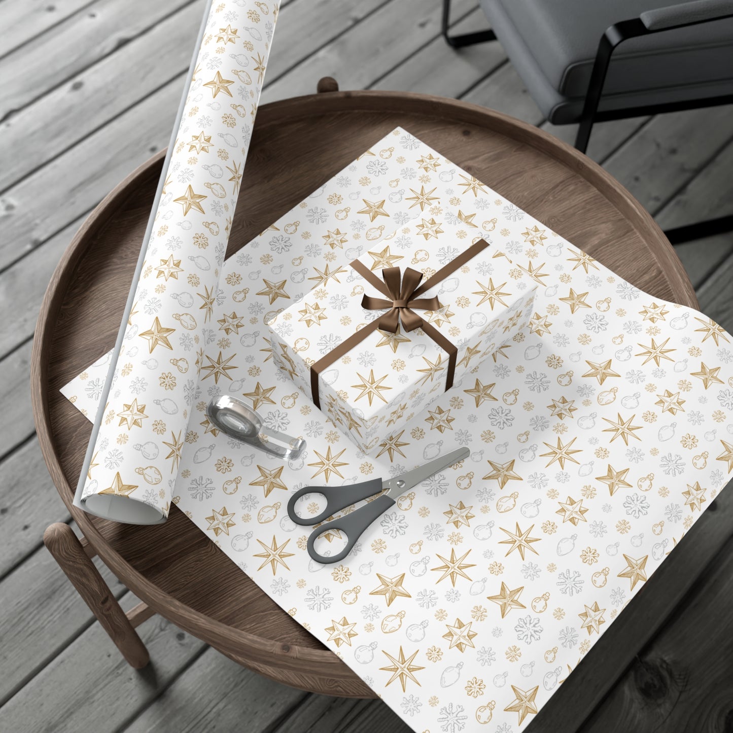 Snowflakes and Stars on White Wrapping Papers