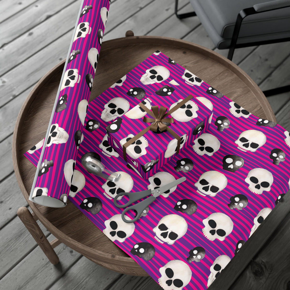 Skull Stripe Gift Wrap Paper — Pink Gothic Halloween Wrapping Sheets