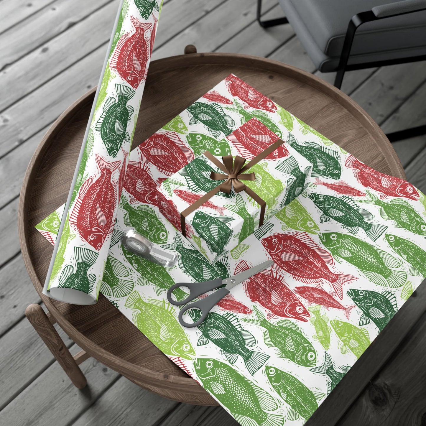 Red & Green Fish Print Wrapping Paper – Japanese Gyotaku Holiday Gift Wrap
