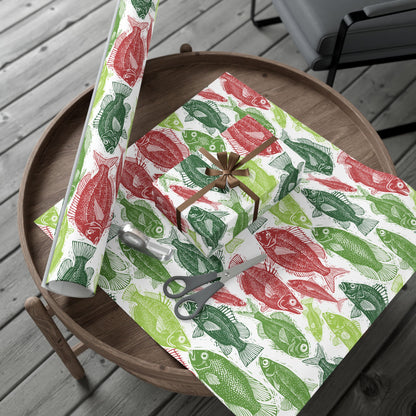 Red & Green Fish Print Wrapping Paper – Japanese Gyotaku Holiday Gift Wrap