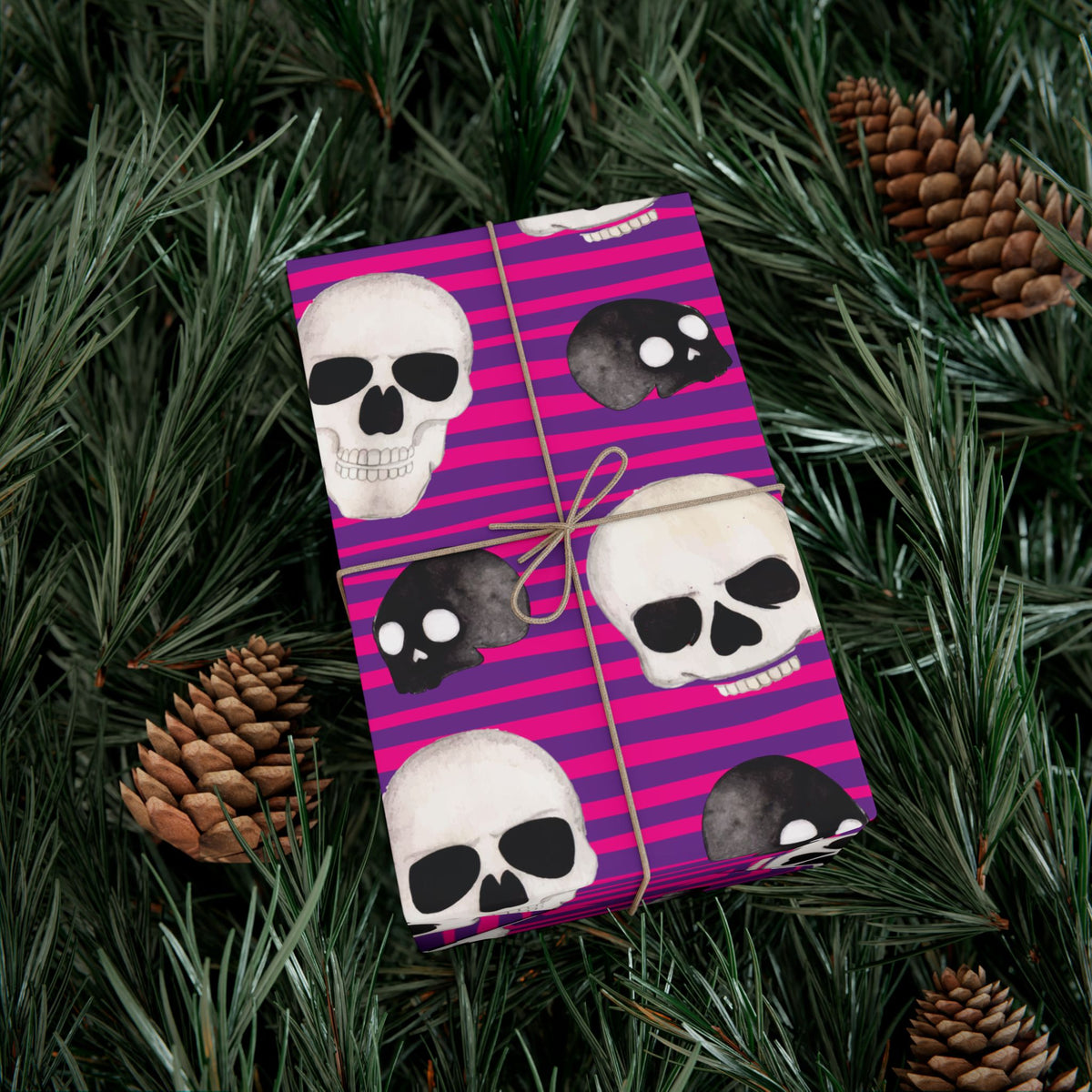 Skull Stripe Gift Wrap Paper — Pink Gothic Halloween Wrapping Sheets