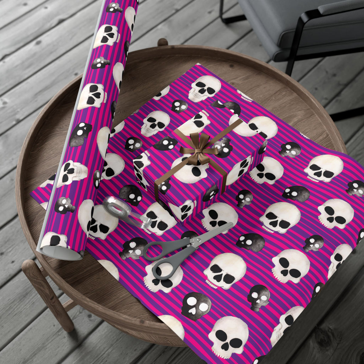 Skull Stripe Gift Wrap Paper — Pink Gothic Halloween Wrapping Sheets