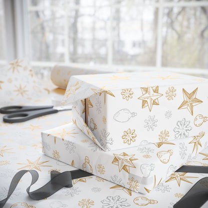 Snowflakes and Stars on White Wrapping Papers