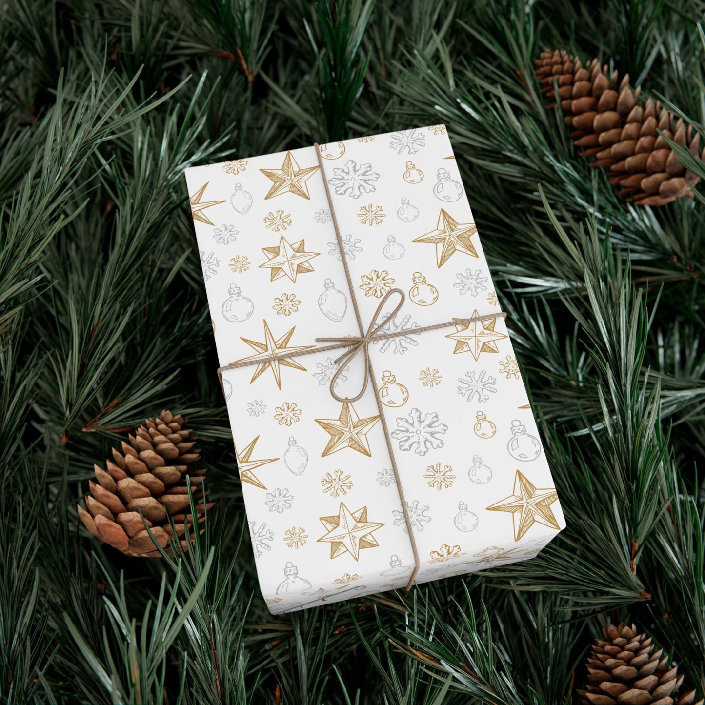 Elegant Silver & Gold On White Christmas Icons Wrapping Paper - Stars, Snowflakes, & Ornaments Gift Wrap