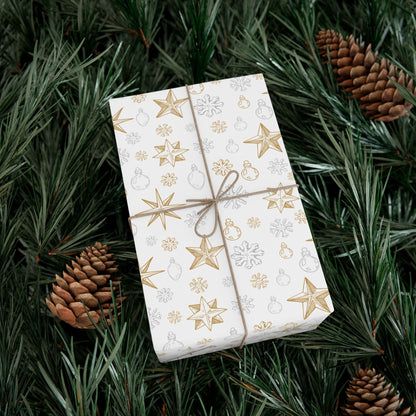 Elegant Silver & Gold On White Christmas Icons Wrapping Paper - Stars, Snowflakes, & Ornaments Gift Wrap