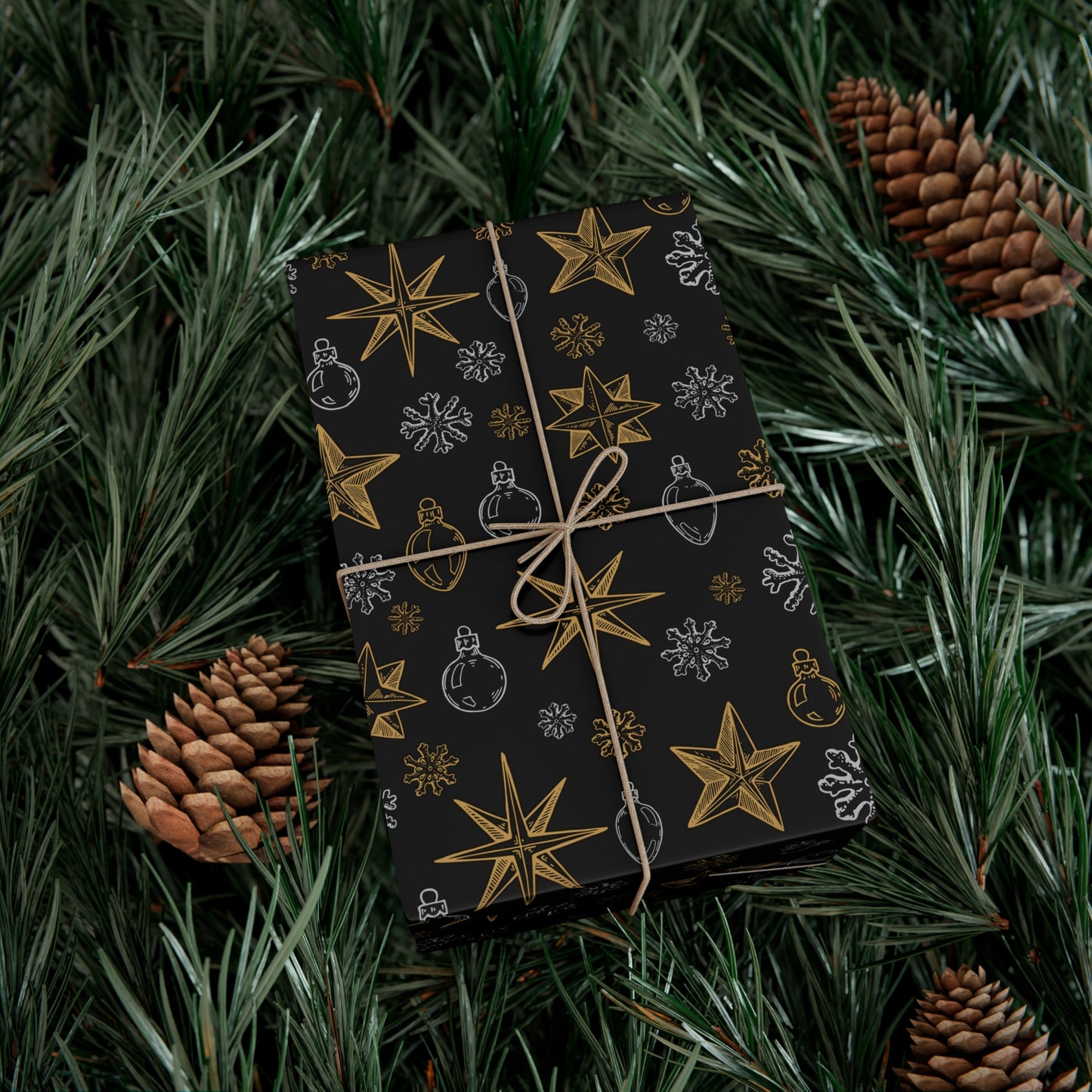 Snowflakes and Stars on Black Wrapping Paper