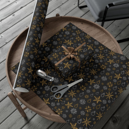 Elegant Silver & Gold On Black Christmas Icons Wrapping Paper - Stars, Snowflakes, & Ornaments Gift Wrap