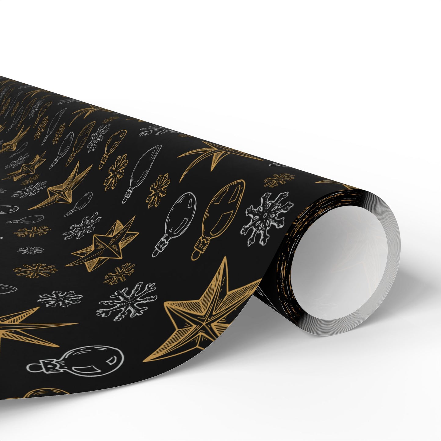 Snowflakes and Stars on Black Wrapping Paper