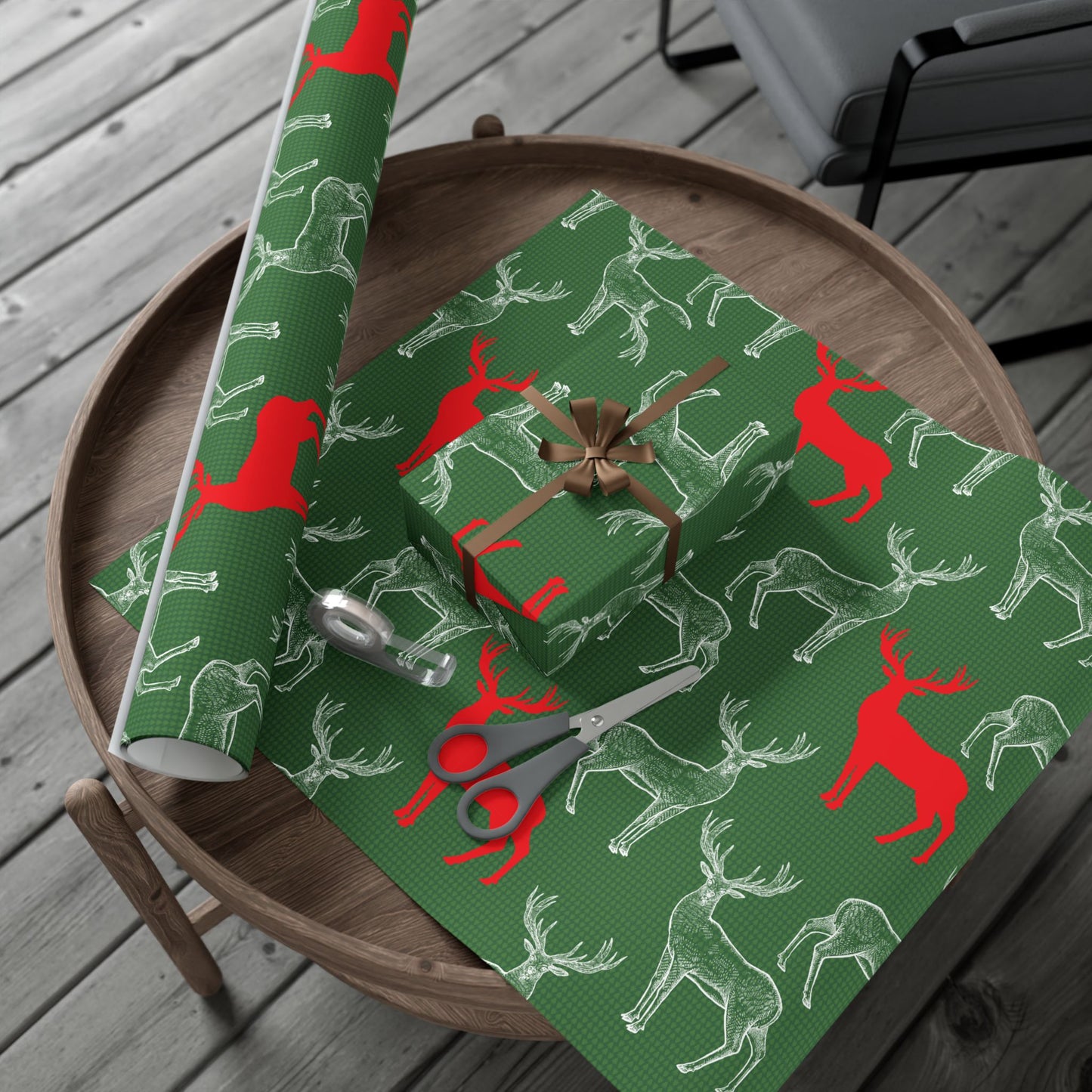 Modern Deer Silhouette Wrapping Paper - Red & White Deer on Green Gift Wrap
