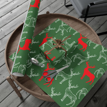 Modern Deer Silhouette Wrapping Paper - Red & White Deer on Green Gift Wrap