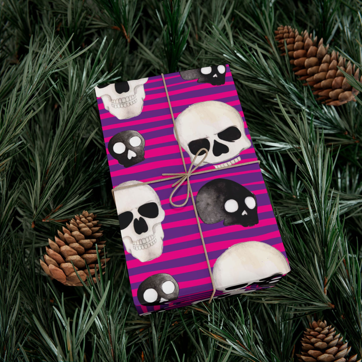 Skull Stripe Gift Wrap Paper — Pink Gothic Halloween Wrapping Sheets