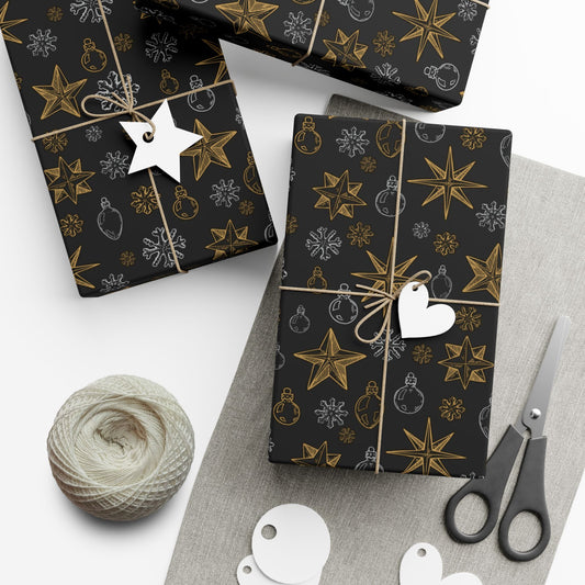 Elegant Silver & Gold On Black Christmas Icons Wrapping Paper - Stars, Snowflakes, & Ornaments Gift Wrap