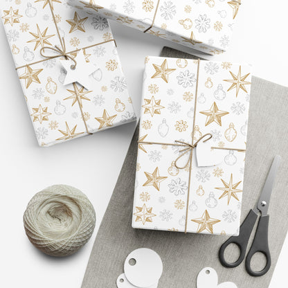 Elegant Silver & Gold On White Christmas Icons Wrapping Paper - Stars, Snowflakes, & Ornaments Gift Wrap