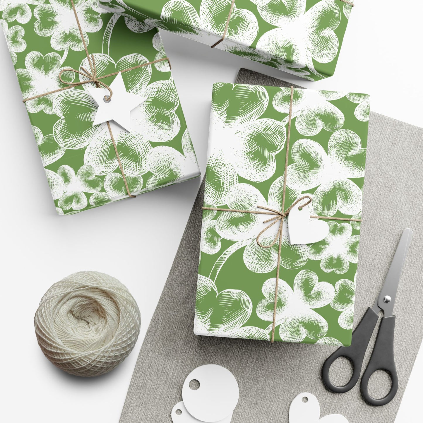 White Shamrock Stamps on Green Wrapping Paper - St. Patrick's Day Gift Wrap