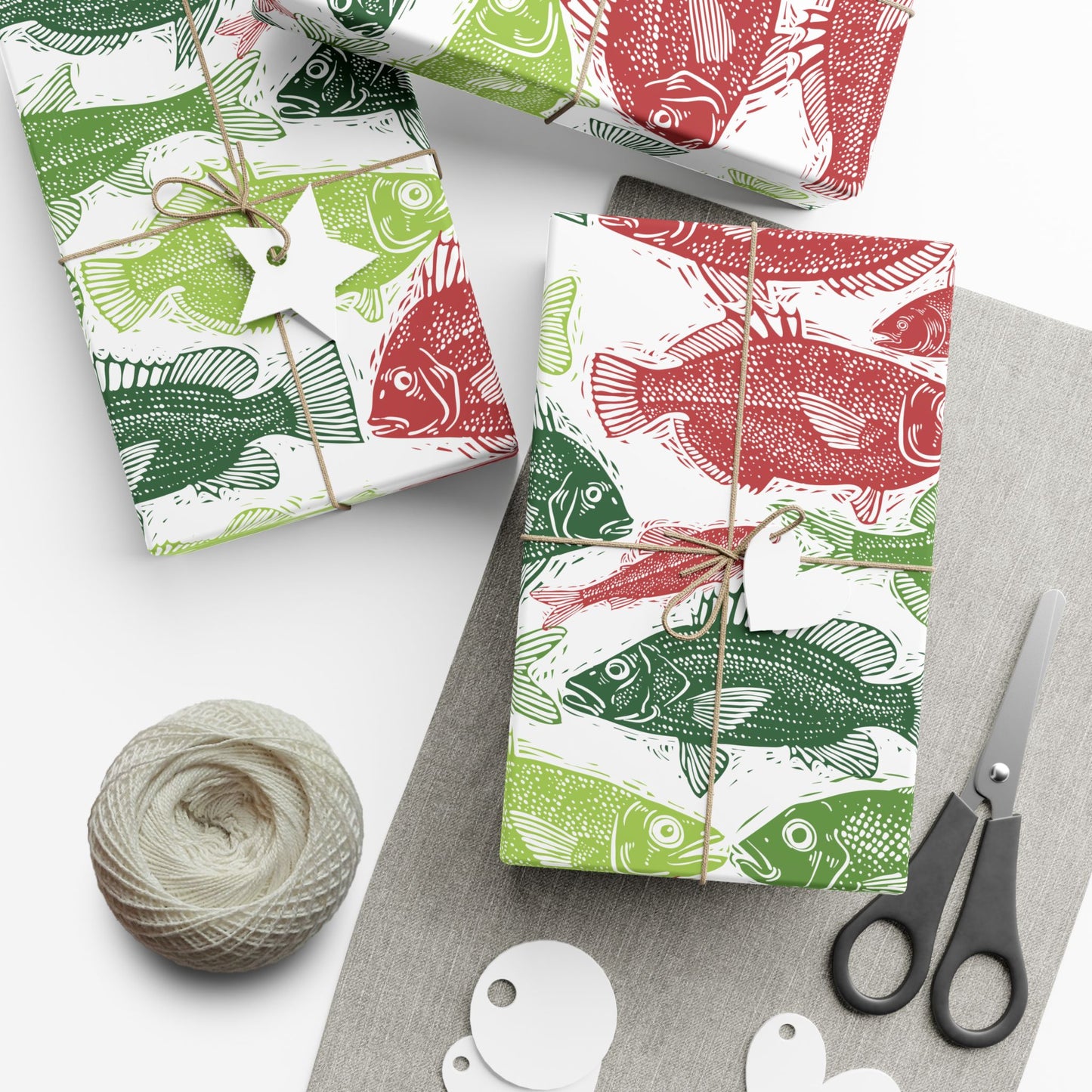 Red & Green Fish Print Wrapping Paper – Japanese Gyotaku Holiday Gift Wrap
