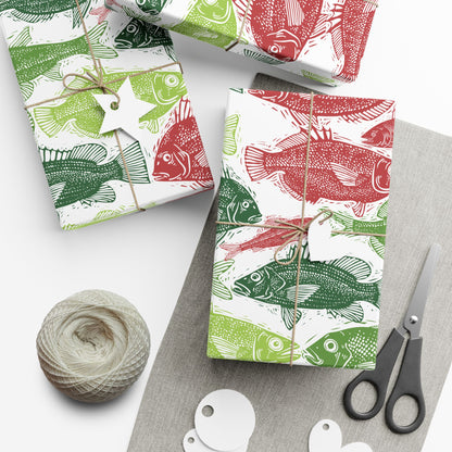 Red & Green Fish Print Wrapping Paper – Japanese Gyotaku Holiday Gift Wrap