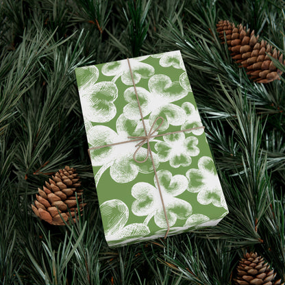 White Shamrock Stamps on Green Wrapping Paper - St. Patrick's Day Gift Wrap