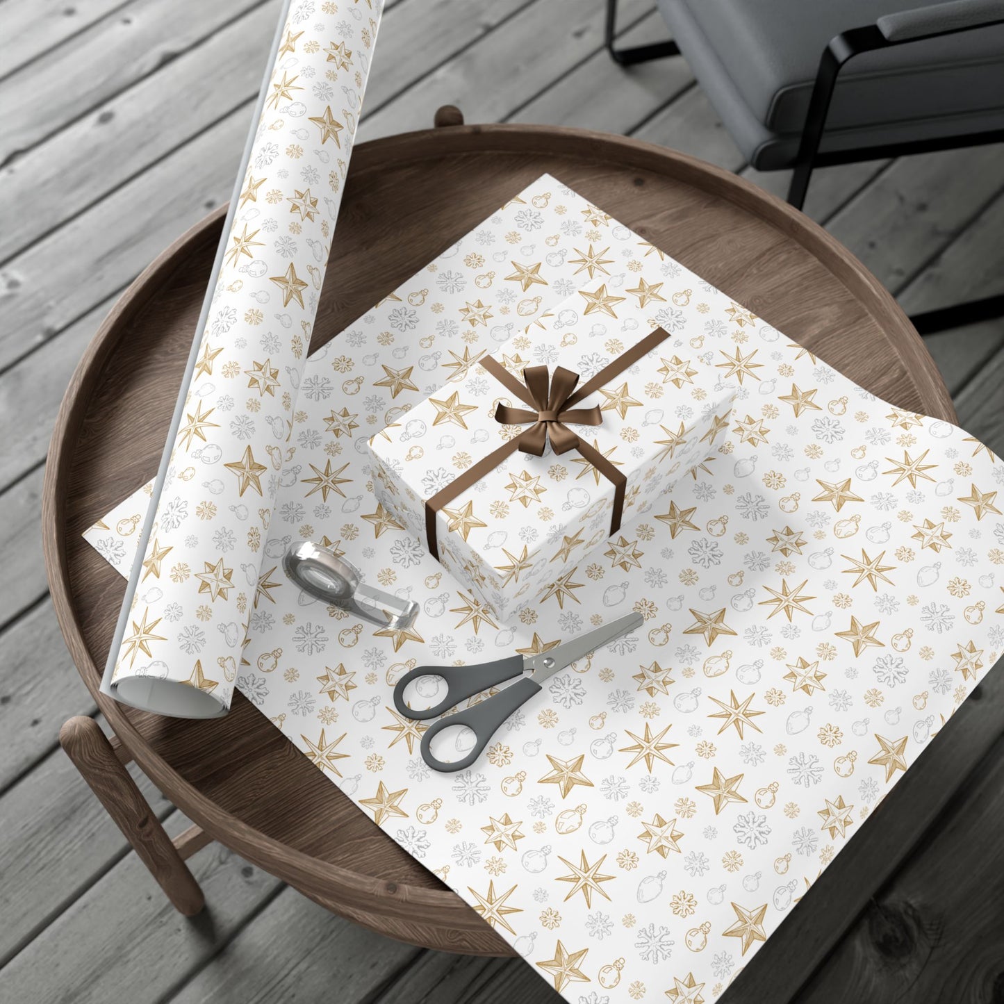 Elegant Silver & Gold On White Christmas Icons Wrapping Paper - Stars, Snowflakes, & Ornaments Gift Wrap