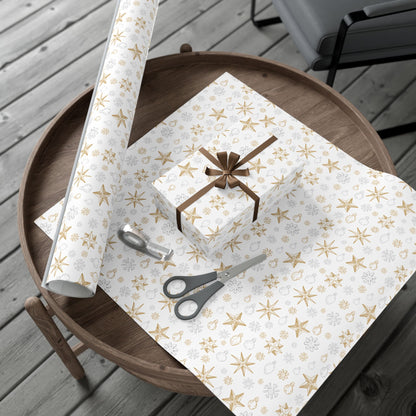 Elegant Silver & Gold On White Christmas Icons Wrapping Paper - Stars, Snowflakes, & Ornaments Gift Wrap