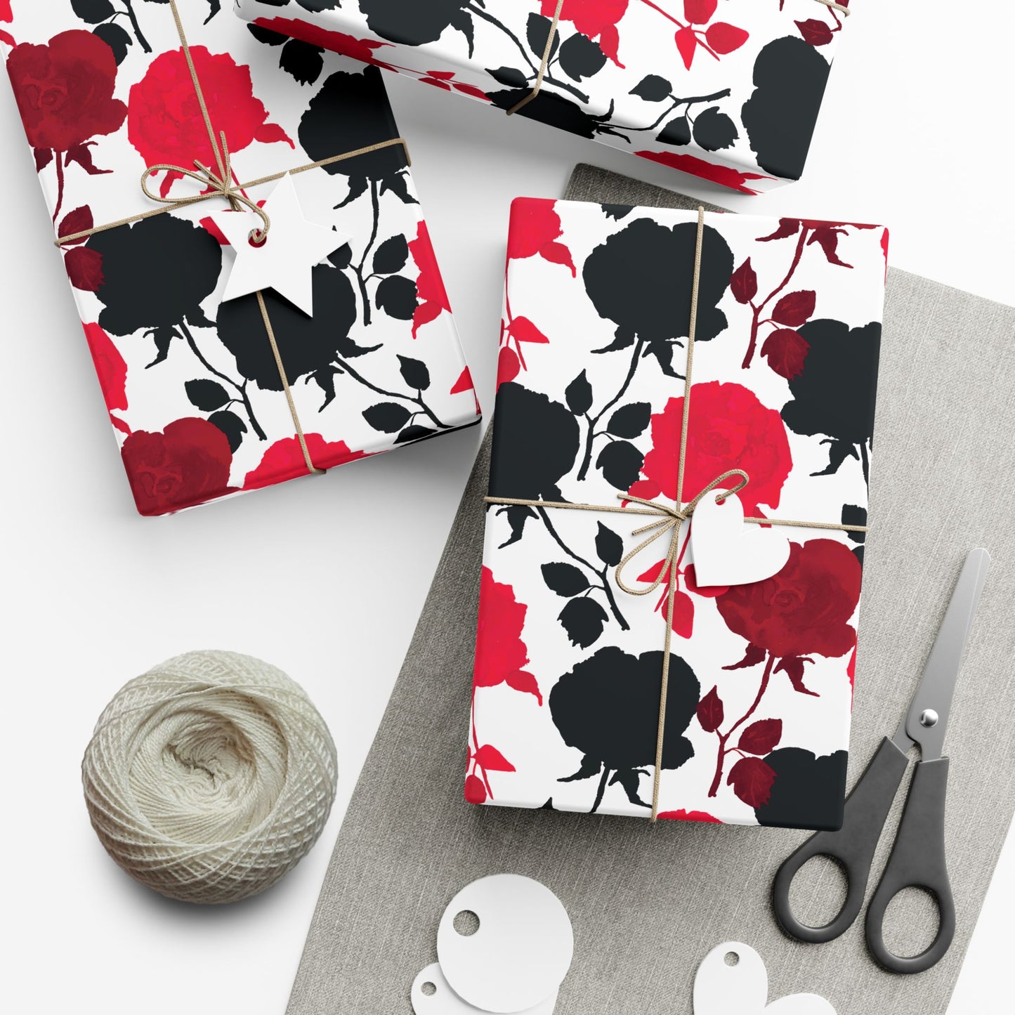 Red & Black Rose Wrapping Paper - Photo-Realistic Rose Stamp Gift Wrap