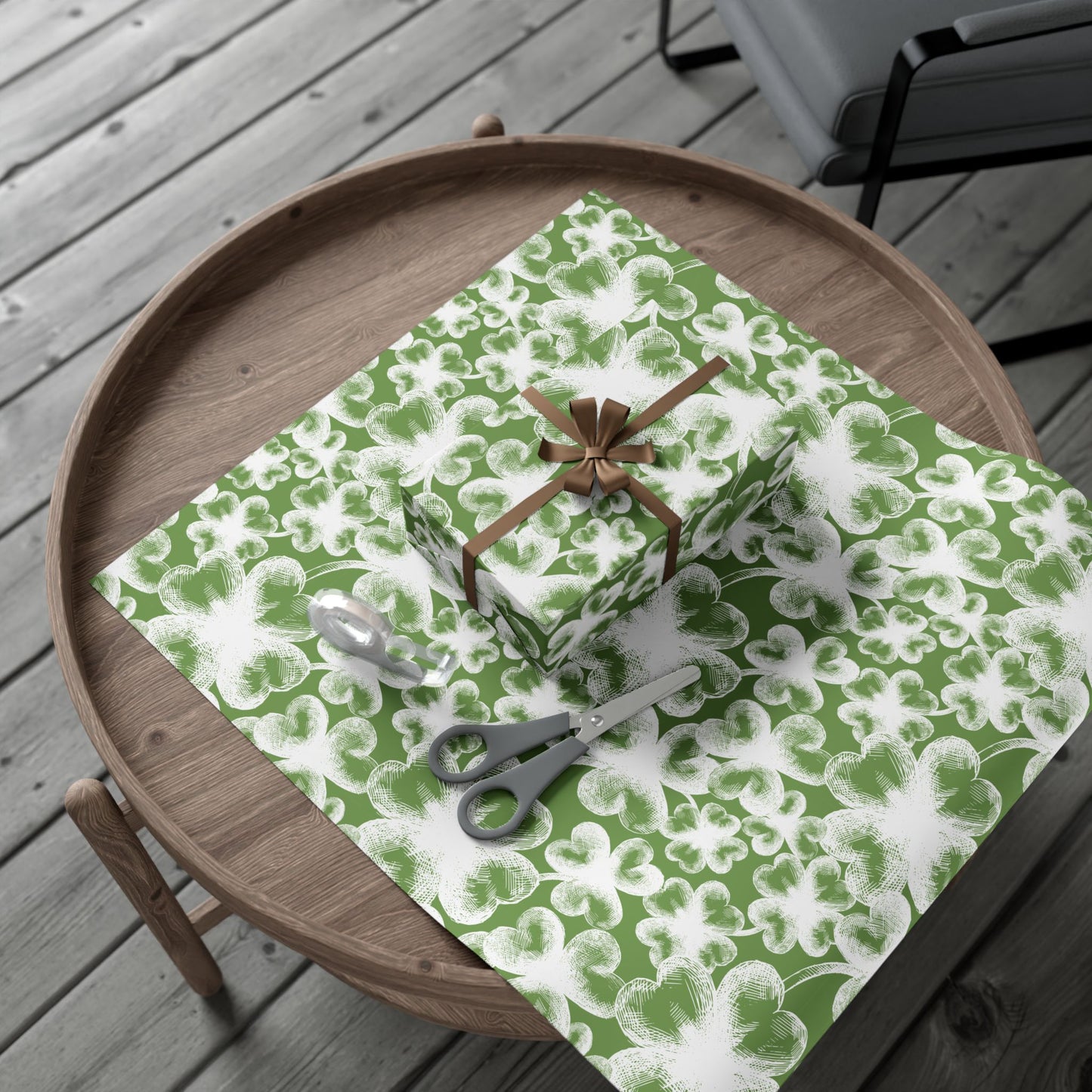 White Shamrock Stamps on Green Wrapping Paper - St. Patrick's Day Gift Wrap