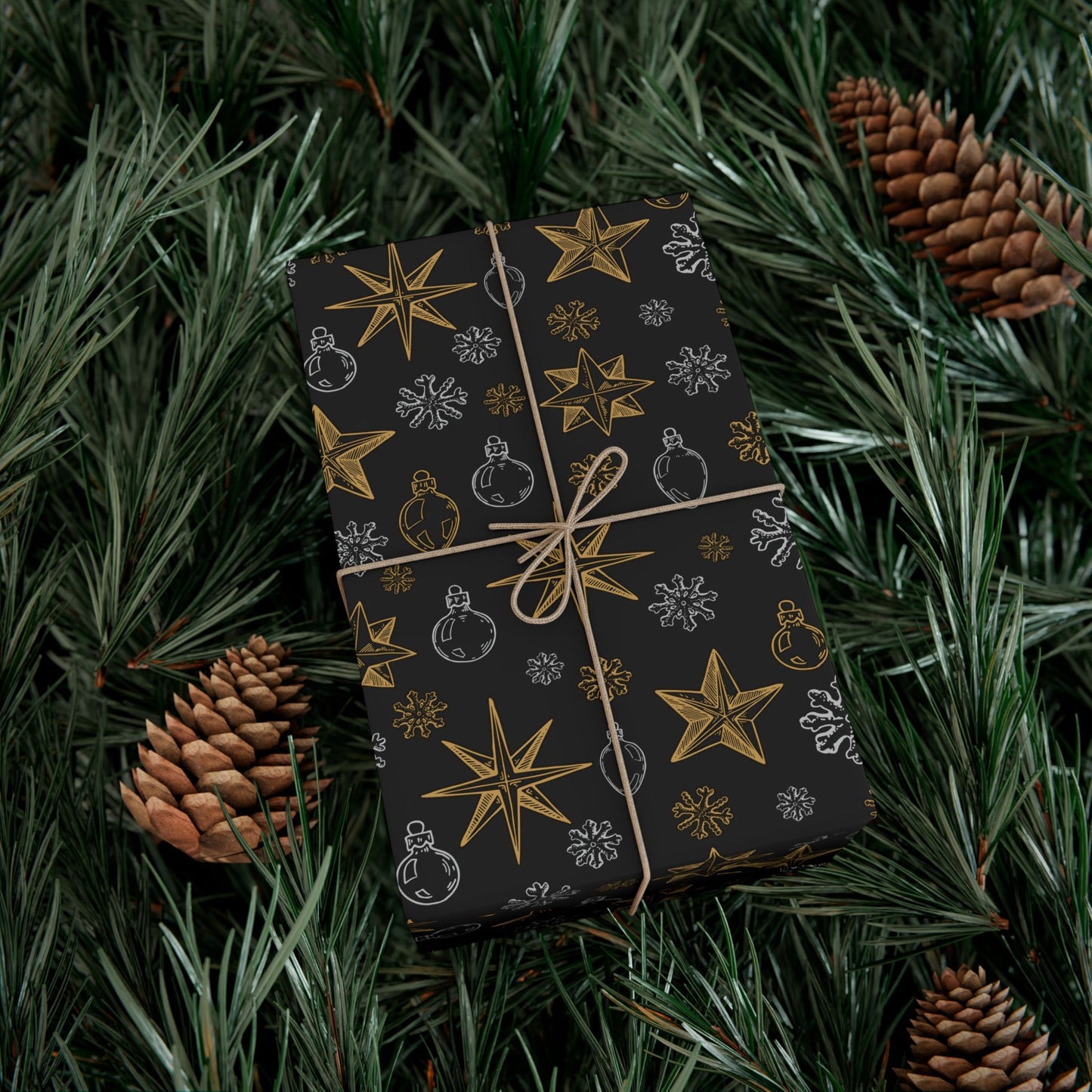 Elegant Silver & Gold On Black Christmas Icons Wrapping Paper - Stars, Snowflakes, & Ornaments Gift Wrap
