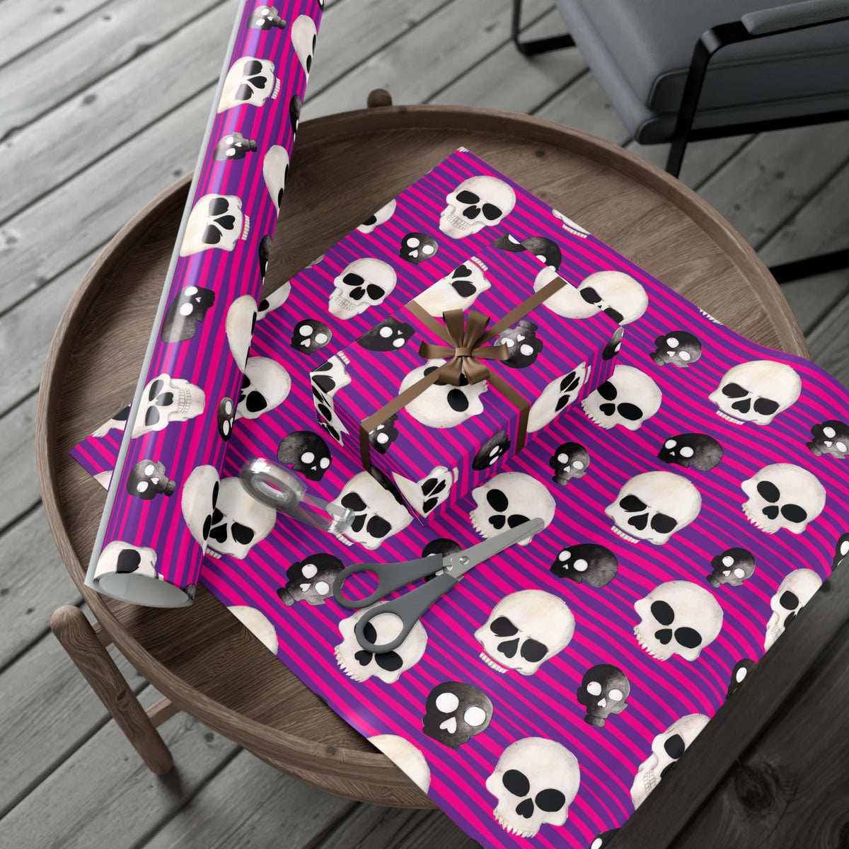Skull Stripe Gift Wrap Paper — Pink Gothic Halloween Wrapping Sheets