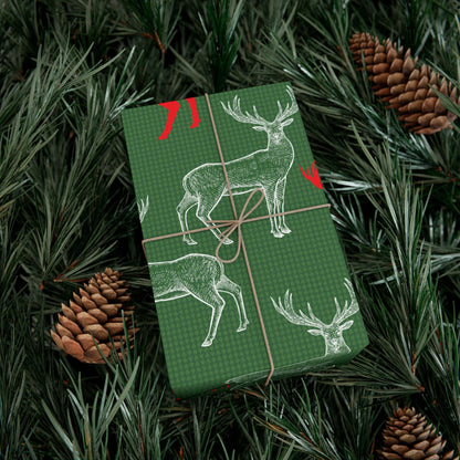 Modern Deer Silhouette Wrapping Paper - Red & White Deer on Green Gift Wrap