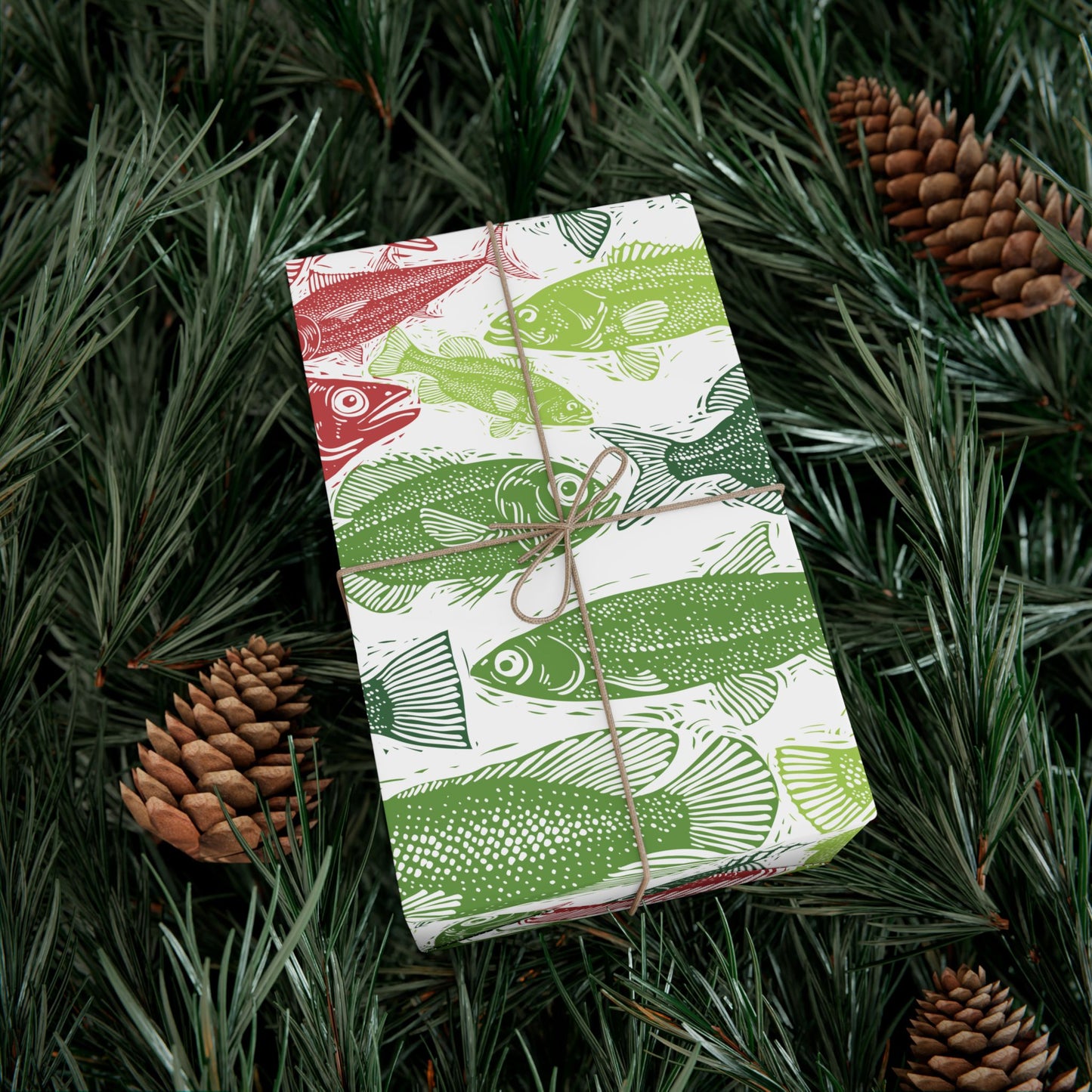 Red & Green Fish Print Wrapping Paper – Japanese Gyotaku Holiday Gift Wrap