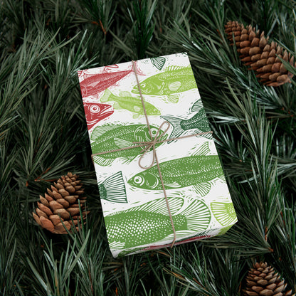 Red & Green Fish Print Wrapping Paper – Japanese Gyotaku Holiday Gift Wrap