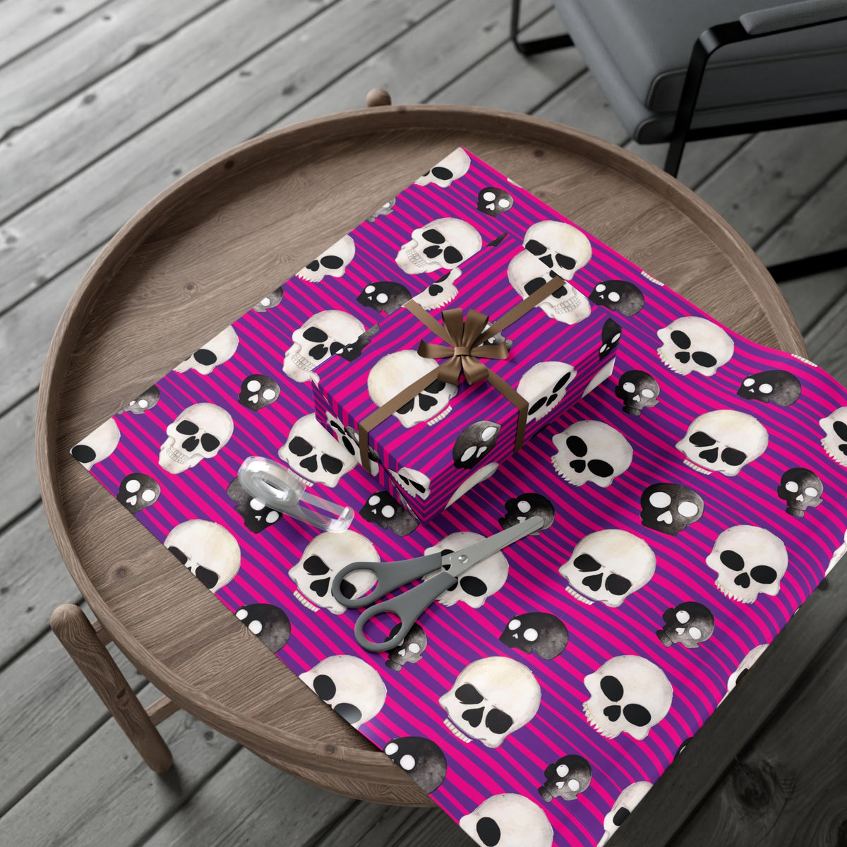 Skull Stripe Gift Wrap Paper — Pink Gothic Halloween Wrapping Sheets