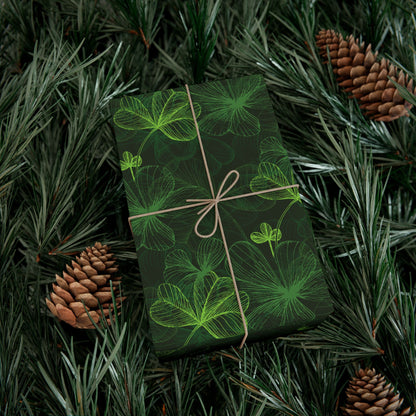 Green Shamrocks on Black Wrapping Paper - St. Patrick's Day Gift Wrap
