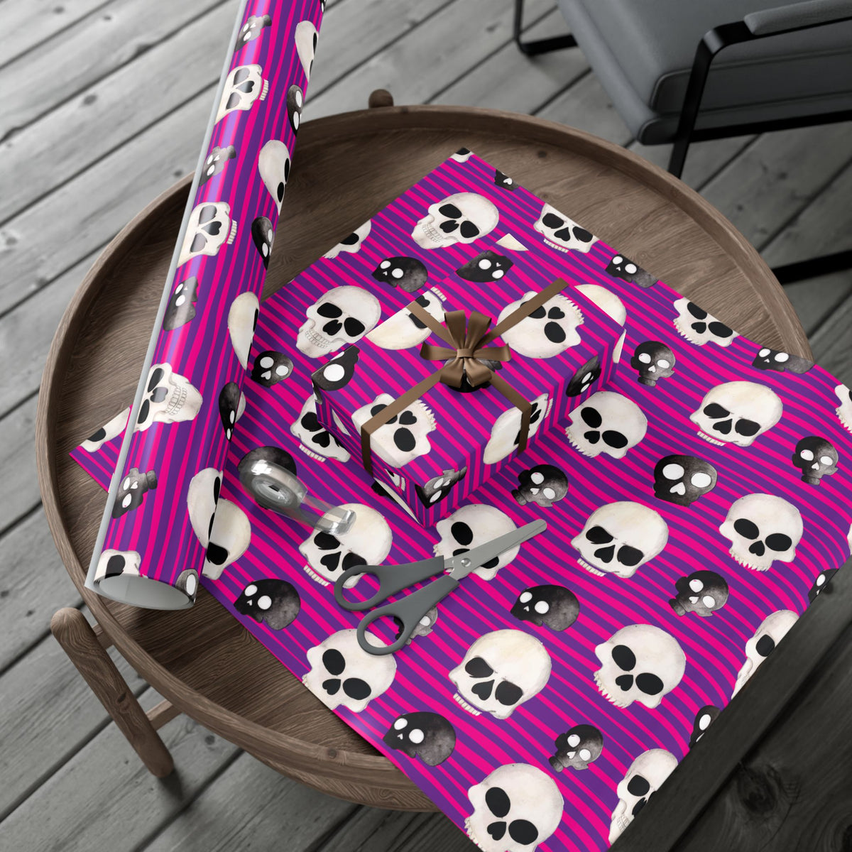 Skull Stripe Gift Wrap Paper — Pink Gothic Halloween Wrapping Sheets