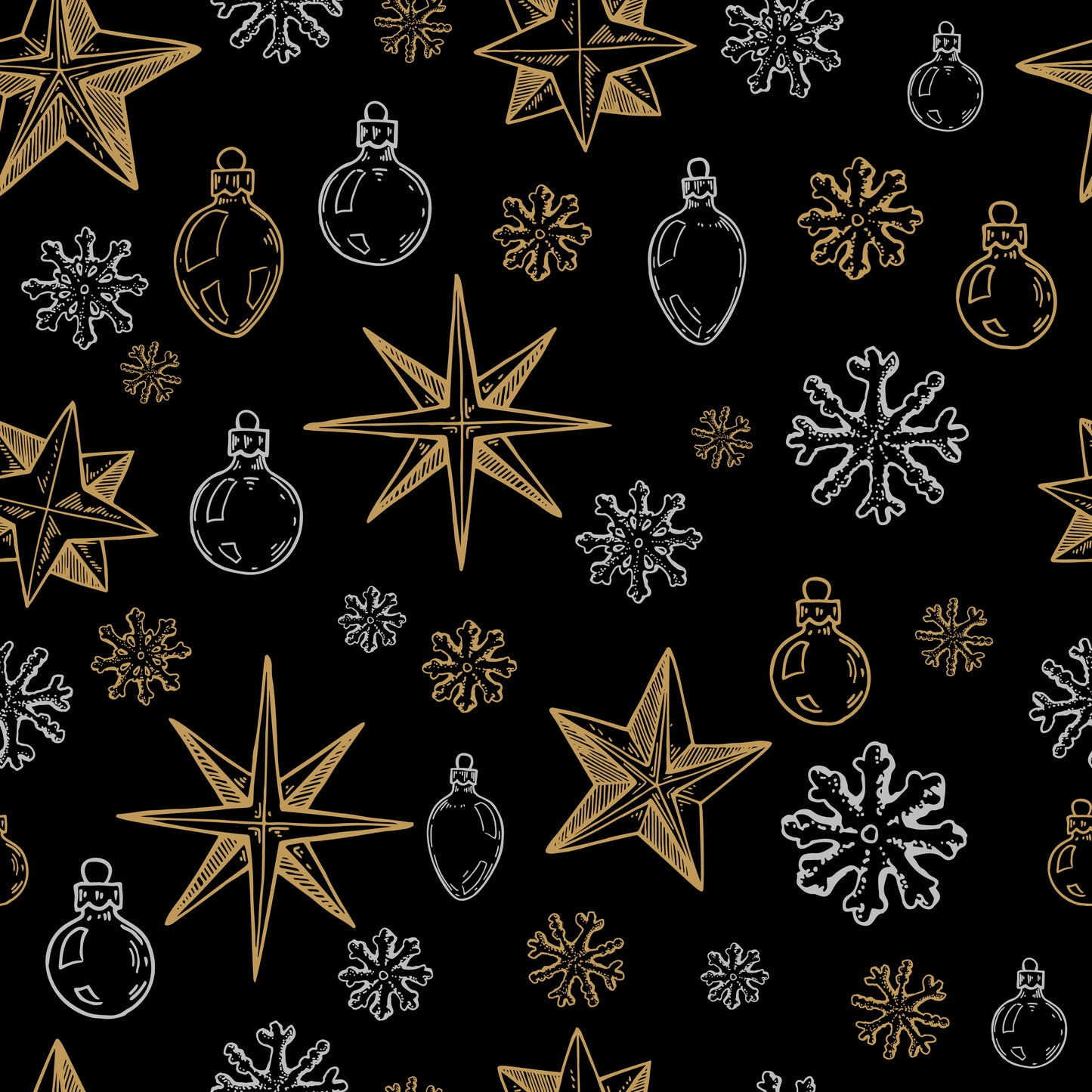 Snowflakes and Stars on Black Wrapping Paper